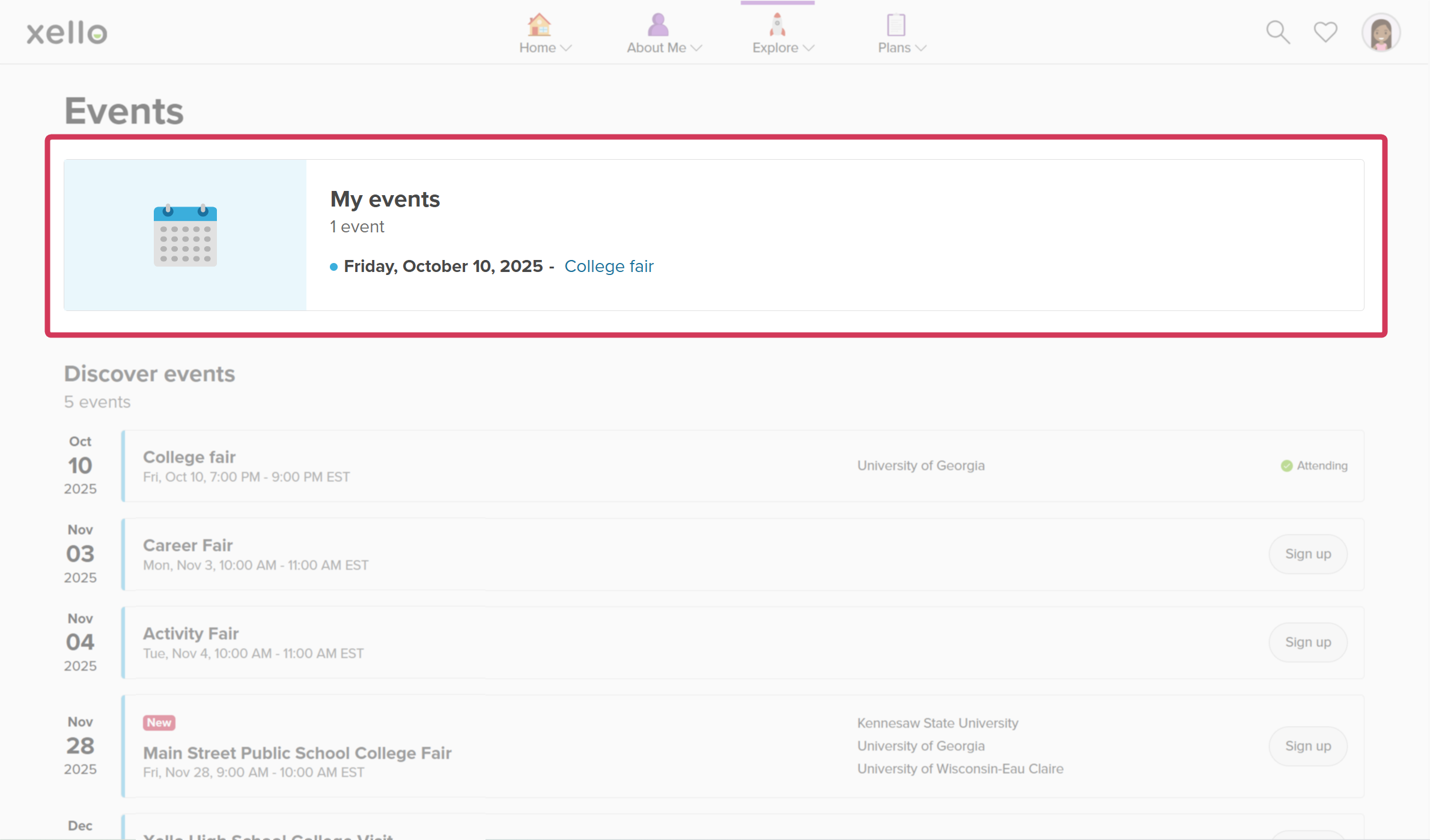 Student account in Xello open to the Events page. The My events section is highlighted